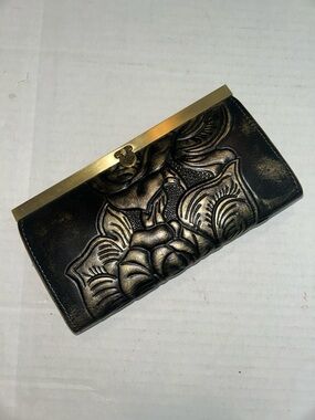 Patricia Nash Cauchy Frame Wallet metallic gold  embossed black leather